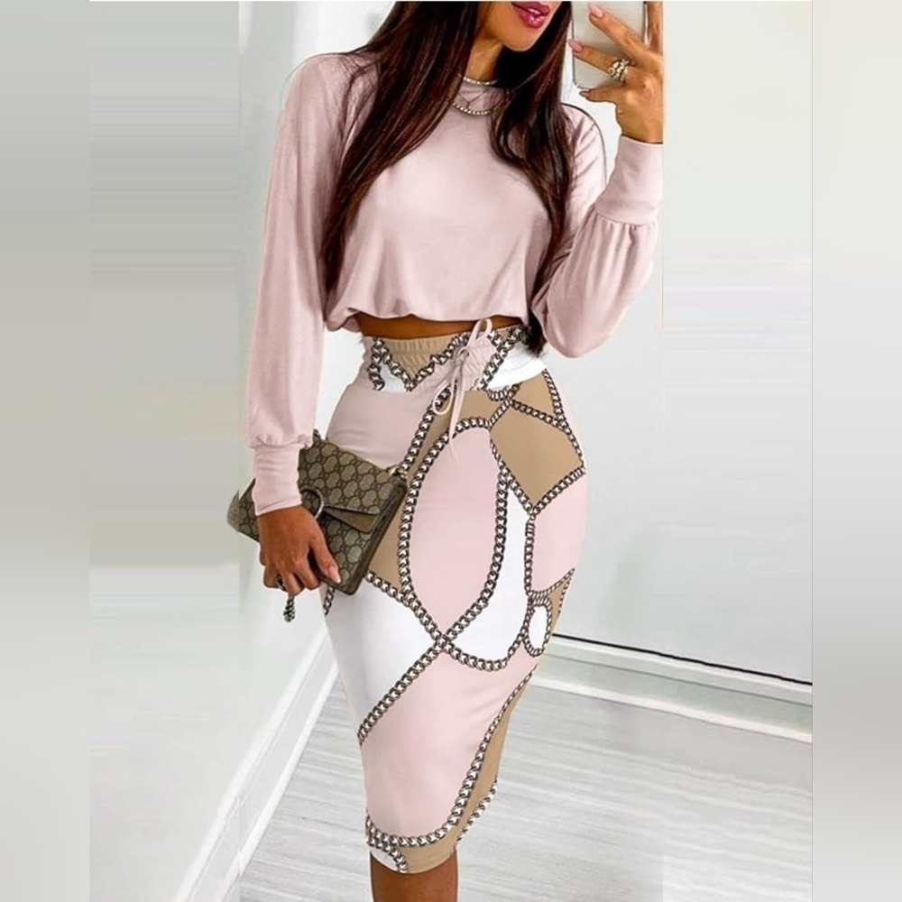 CHICME Women's 2pc Long Sleeve Top, Chain Print Color Block Skirt, Pink & White